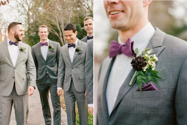 Love the bow ties! It's the perfect pop of color to make this wedding party look put together. The groom's dark grey suit is perfect.
