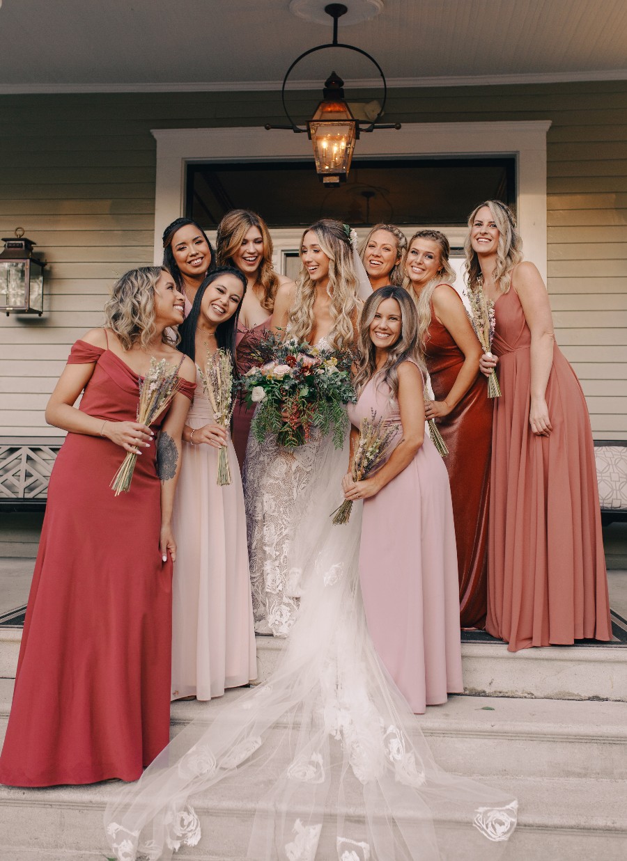CJ's Off the Square | Coral. blush, pink, mix match boho bridesmaids dresses