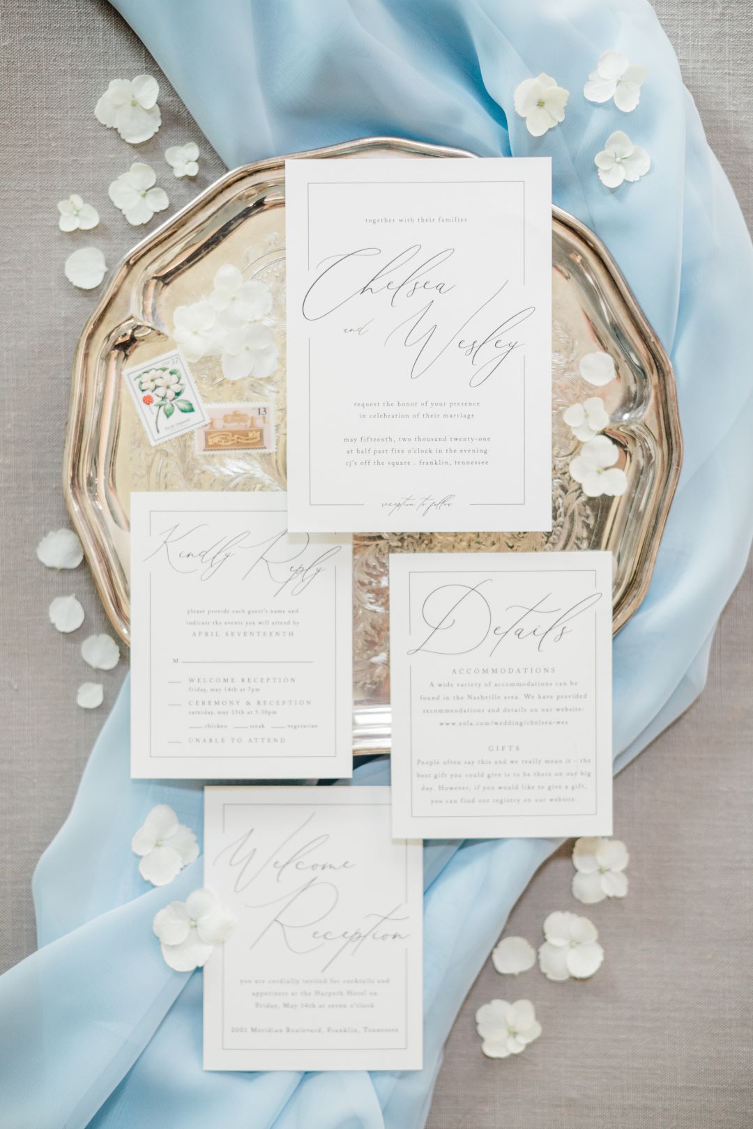 CJ's Off The Square | Wedding invitation suite with blue accents