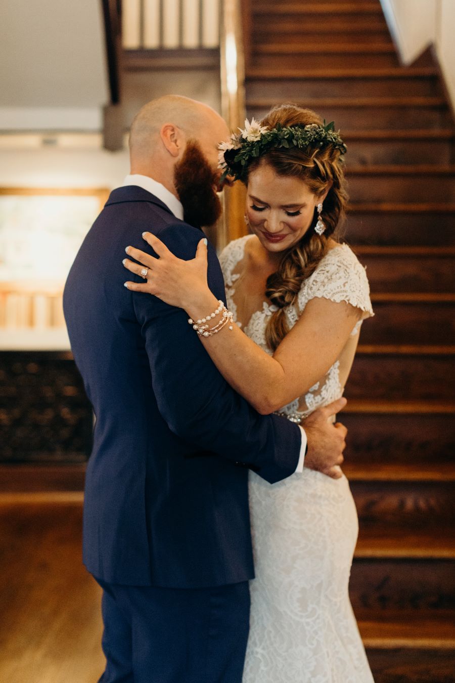 Bride and groom hugging after first look / earthy / fall / October / burgundy
