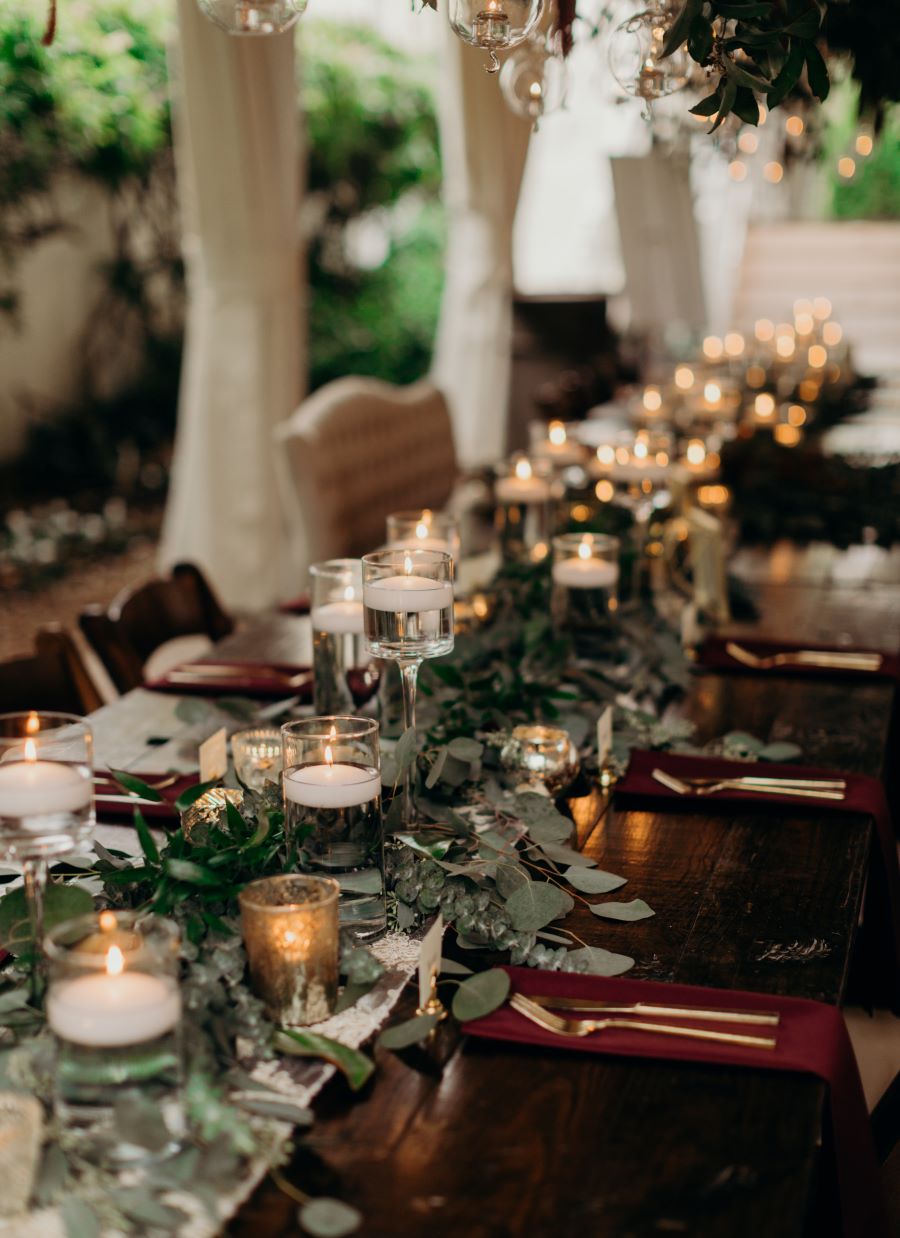 Head table centerpiece with greenery and tealight candles / earthy / fall / October / burgundy