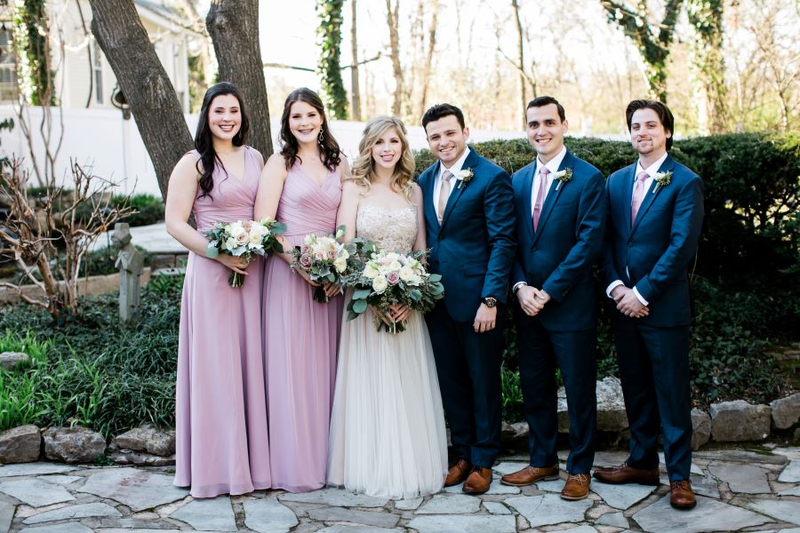 Bridal party posing in garden of CJ's Off the Square / Elopement / Spring / March / Dusty Rose