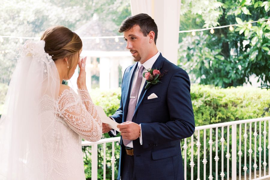Bride wiping tears while groom reads his vows / Elopement / Summer / August
