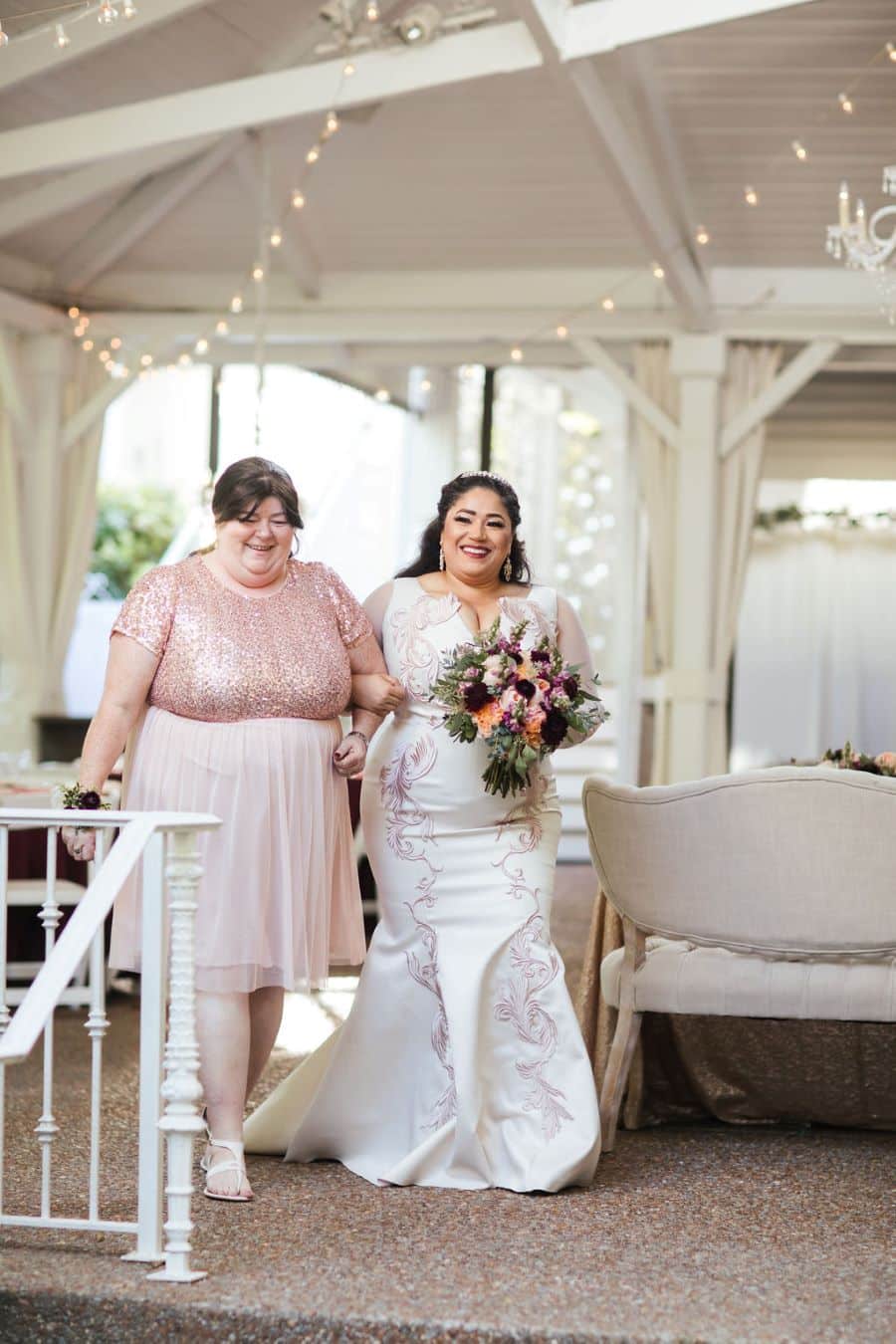 Bride walking down the aisle with her mom / romantic lgbtq / fall / September / blush / burgundy