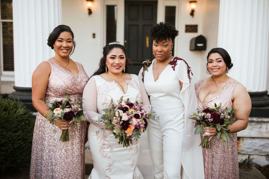 Brides with the bridesmaids in glitter dresses / romantic lgbtq / fall / September / blush / burgundy