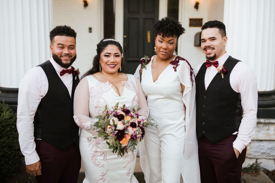 Brides with the bridesmen in burgundy outfits / romantic lgbtq / fall / September / blush / burgundy
