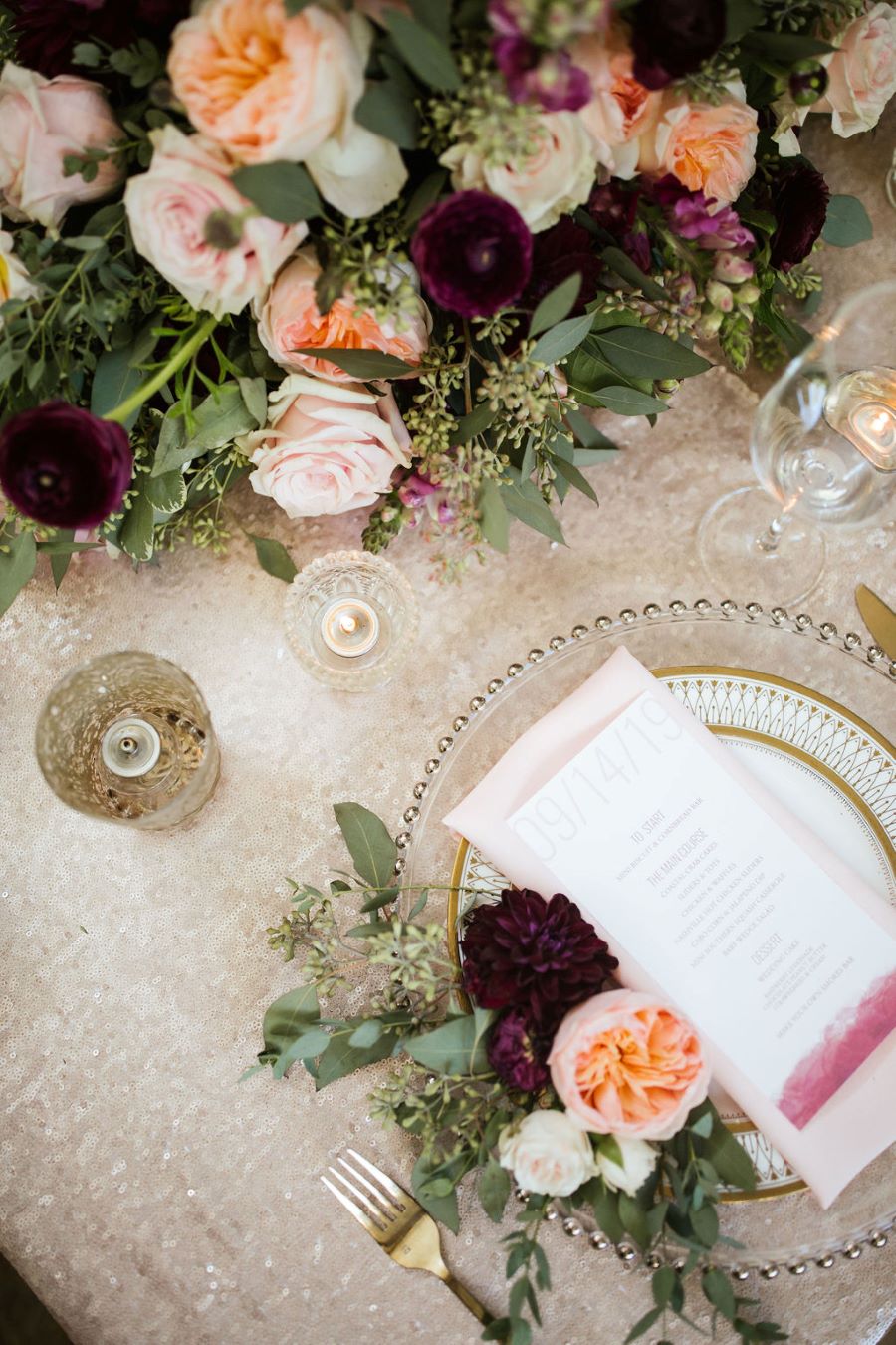 Sweetheart table with glitter linen and peach, blush, wine florals / romantic lgbtq / fall / September / blush / burgundy