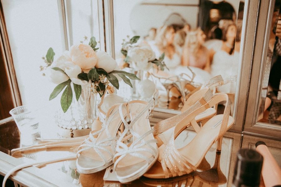 Two pairs of bridal shoes for same sex wedding in Nashville / Romantic / Summer / September / Pink / Dusty Rose / Cream