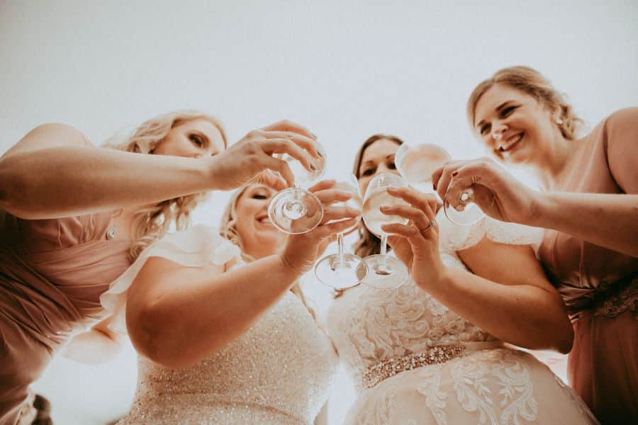 Bridal party clinking wine glasses and smiling / Love is love / Romantic / Summer / September / Pink / Dusty Rose / Cream