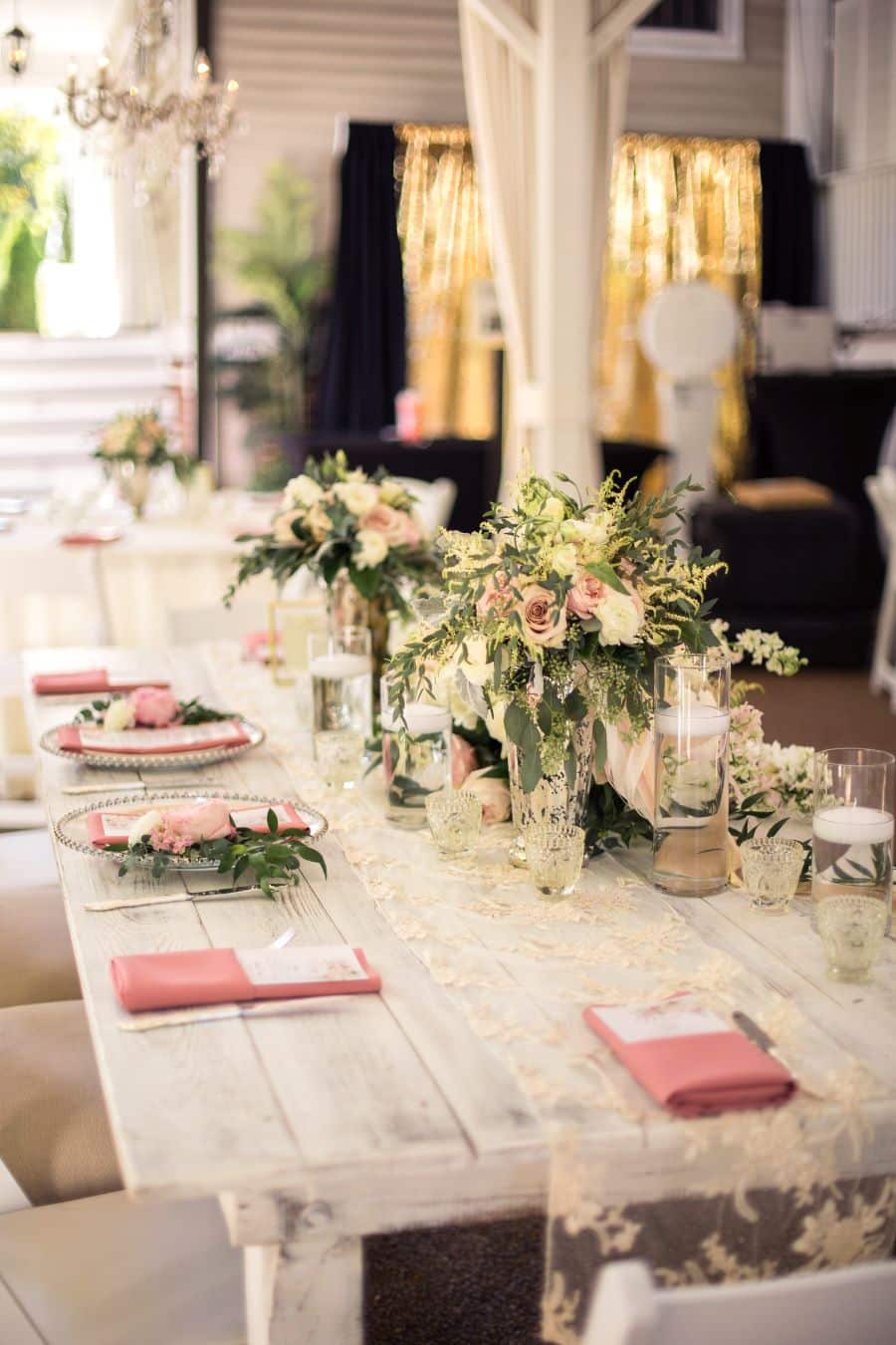 Gorgeous table setting with lace runner and pink accents for lgbt wedding at Nashville garden venue / Romantic / Summer / September / Pink / Dusty Rose / Cream