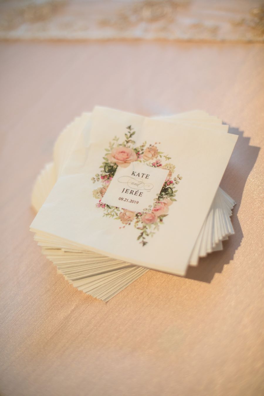 Customized napkins with both brides names and flowers for tea party wedding / Romantic / Summer / September / Pink / Dusty Rose / Cream