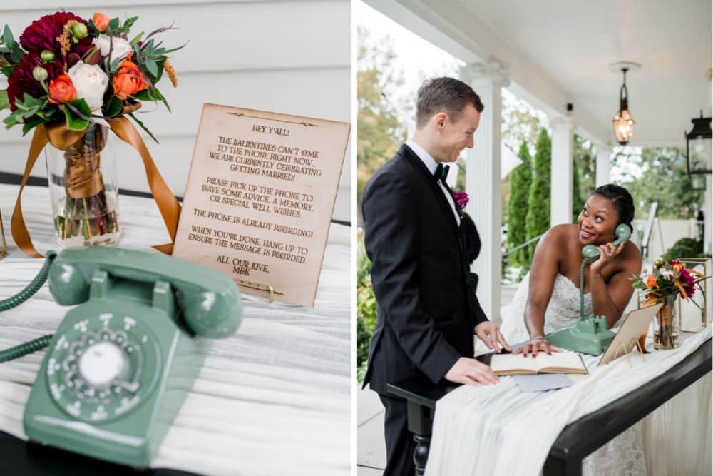bride and groom check phone guest book at outdoor wedding venue cjs off the square in Franklin, tennessee