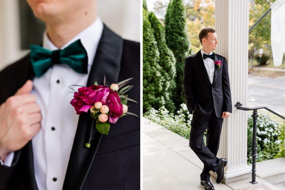 groom in tuxedo with floral boutinniere outside cjs off the square wedding venue in Franklin tennessee