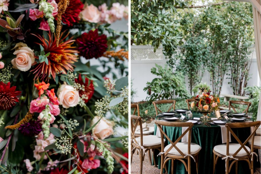 outdoor garden wedding reception with florals and greenery | CJ's Off the Square Franklin, Tennessee