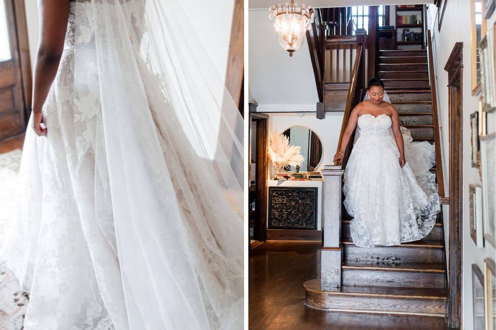 bride in wedding dress inside historic home at cjs off the square in Franklin Tennessee 