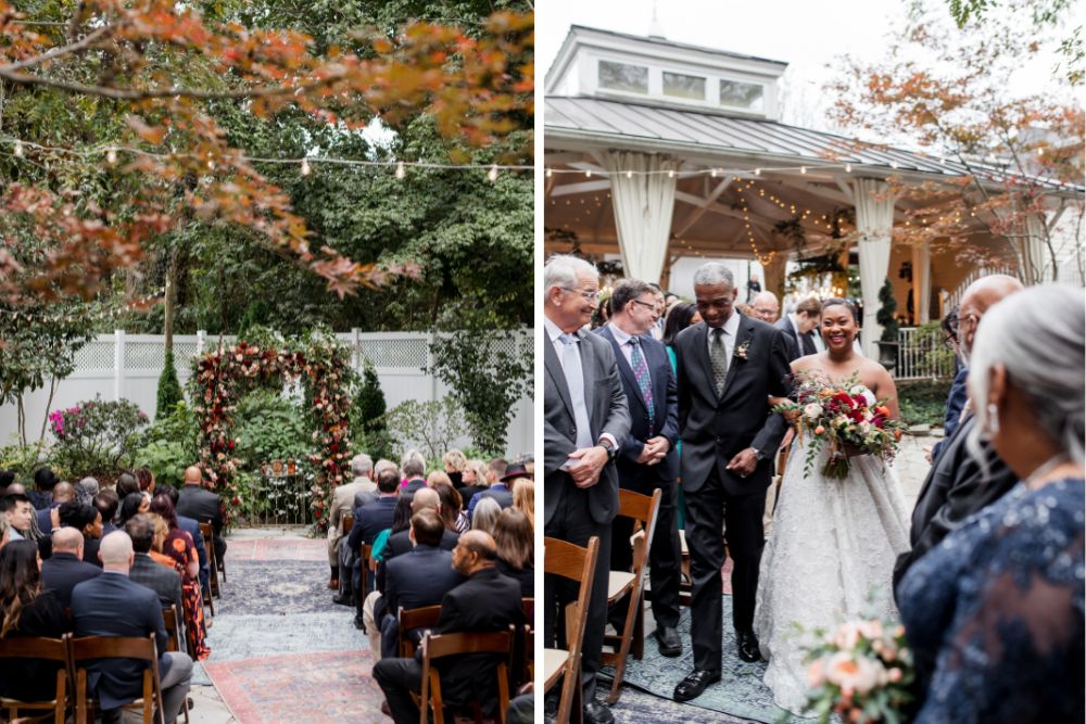 father gives away bride at outdoor fall wedding ceremony at cjs off the square in Franklin Tennessee