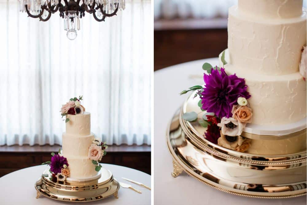 buttercream wedding cake with fresh flowers in parlor