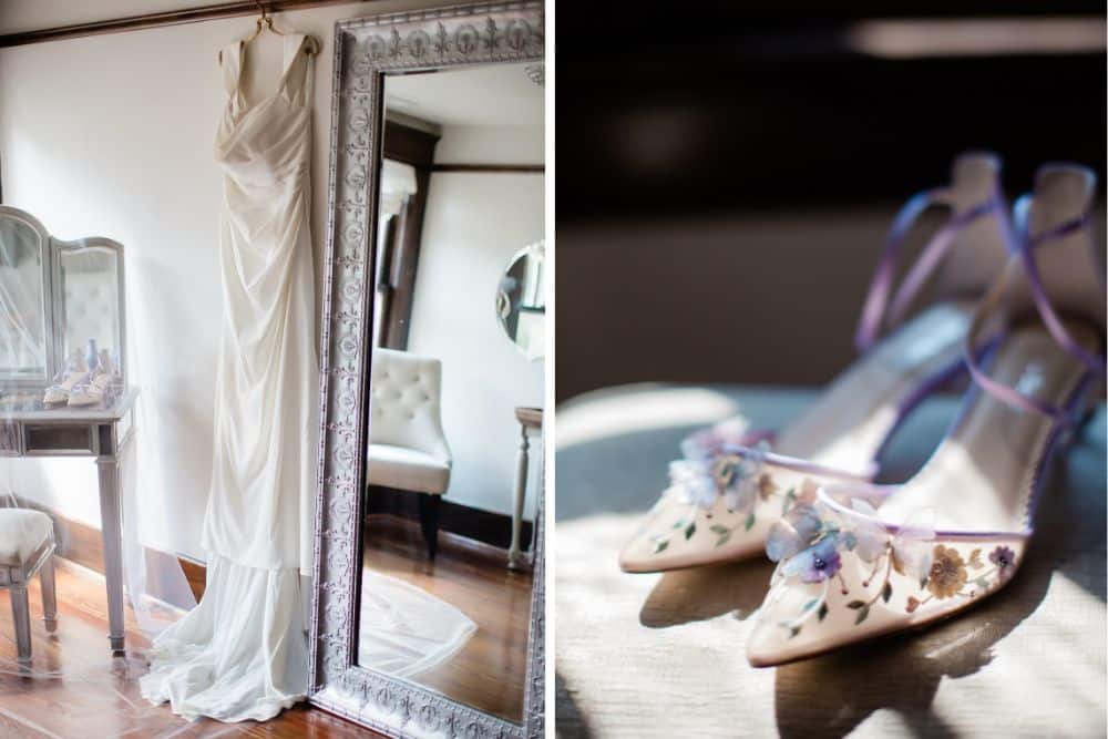 bridal gown and shoes hanging in bridal suite at cjs off the square near Nashville tn