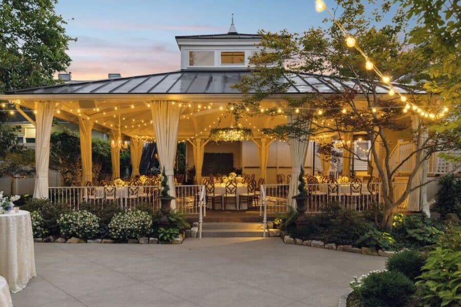 Garden pavilion with string lights at sunset at CJ’s Off the Square in Franklin, Tennessee