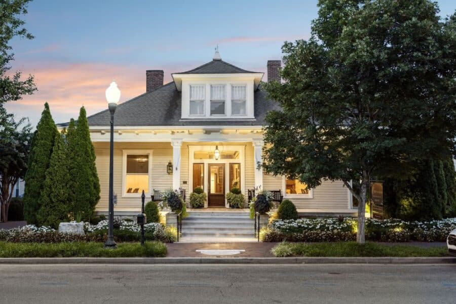 Exterior of the historic home at CJ’s Off the Square in downtown Franklin, Tennessee at sunset