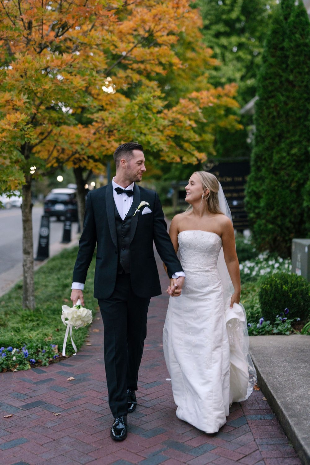 Addison and Caleb together in the garden at their November wedding in Franklin Tennessee