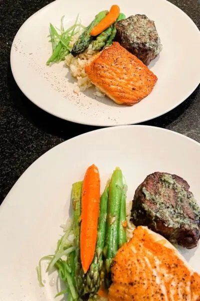 Filet of Beef. Salmon, Roasted Asparagus & Carrots, Garlic Whipped Potatoes